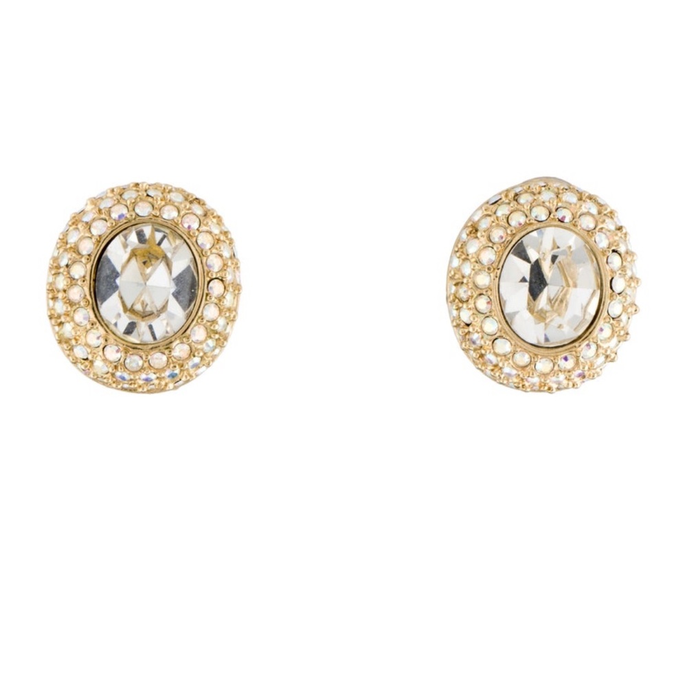 St. John Crystal/Gold Clip-On Earrings w/ Pouch
